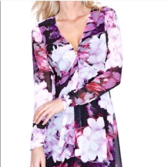 Guess by Marciano Womens Purple Black Hi Low Multi Fushion Sheer Long Sl Dress 4 - Picture 4 of 16